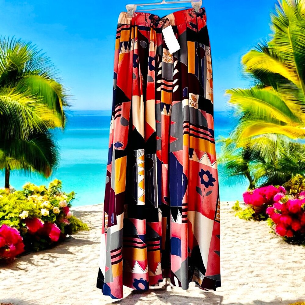 Krizia SILK MultiColor Maxi Long Skirt OPEN FRONT Vintage 70's Italy 40 US 6 NEW